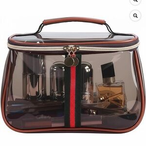 Transparent Travel Makeup Bag with Red and Brown Trim Looks like Burberry Stripe